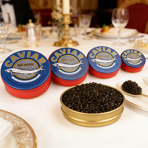 Fabricant de boîtes métalliques rondes personnalisées, qualité alimentaire, 30g, 50g, <span class=keywords><strong>100g</strong></span>, 125g, 250g, 500g, 1kg, boîte en étain pour <span class=keywords><strong>caviar</strong></span> sous vide, emballage en boîte en étain dorée - Product Image 2