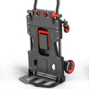 Chariot pliable à quatre roues avec plateforme en plastique rouge et noir pour le shopping et le transport de marchandises - Product Image 3