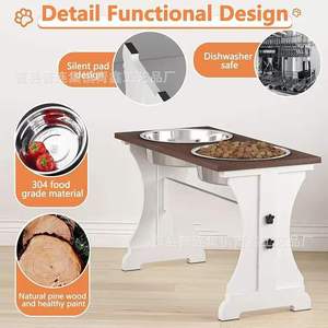 Comedero para mascotas de madera blanca estilo francés con soporte elevado de acero inoxidable y doble tazón para gatos y perros - Product Image 4