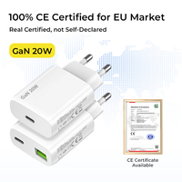 PD 20W Ultra Slim USB-C Snellader met USB-A poort, OTP-beveiliging, milieuvriendelijk GaN-materiaal voor gebruik met laptops (16 inch) & camera's