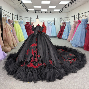 Robe de bal Jancember 6940 noire et rouge, épaules dénudées, robe de Quinceañera, broderie florale, volants en tulle - Product Image 2