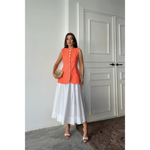 Chaleco de Lino Jacquard Ajustado a la Cintura, Color Naranja, Top sin Mangas para Mujer, Talla S - Product Image 6