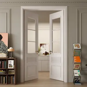 カスタムヴィラインテリアスタディガラス木製ドアフレンチオークリビングルームキッチン無垢材ガラス両開きドアデザイン - Product Image 4