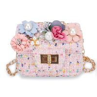 Mini Bolsos de Mano con Adornos Florales para Niñas, Nuevos Bolsos de Hombro de Tweed con Diseño de Flores para Niñas Pequeñas