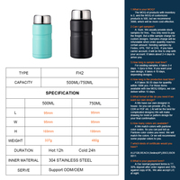 Boîte à lunch et bol à soupe isothermes de luxe en acier inoxydable 18/8 304 à double paroi, capacité 500 ml/750 ml, récipient alimentaire