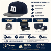 Casquette de baseball personnalisée en sergé marine à visière plate, 6 panneaux, snapback, visière grise brodée, réglable, vente en gros, OEM, faible MOQ