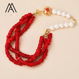 Venta caliente <span class=keywords><strong>Bohomia</strong></span> Style18K Broche de diamante americano chapado en oro Espaciador de coral rojo con cuentas con collar de perlas de concha blanca - Product Image 2