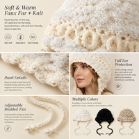 Bonnet d'hiver chaud en tricot torsadé pour femme avec cache-oreilles en peluche douce, décoré de perles et de pompons tressés, idéal pour le ski en extérieur