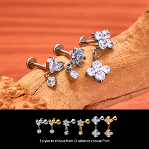 G23 Titanium 16G Argent/Or Plaqué <span class=keywords><strong>Piercing</strong></span> d'<span class=keywords><strong>oreille</strong></span> <span class=keywords><strong>Double</strong></span> Zircon Fleur Dangle Flat Back Stud Labret Lip Helix <span class=keywords><strong>Tragus</strong></span> Party - Product Image 4