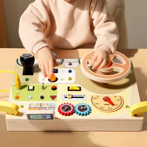 Custom Handmade Low Cost Colorful Wooden Toys with LED Light Busy Board Montesori Toys for kids