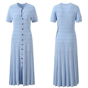 OUDINA Nuovo Abito Primaverile Lavorato all'Uncinetto con Bottoni, Elegante Vestito Lungo a Collo Tondo e Maniche Corte, Abiti Casual da Donna in Maglia - Product Image 3