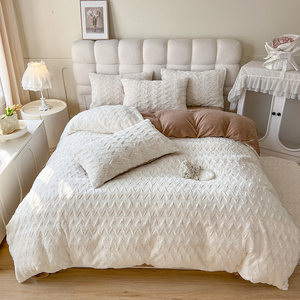 Sang Trọng Giả Thỏ Lông Sữa Nhung 4Pcs Tấm Ga Trải Giường Bộ Đồ Giường Bộ Comforter Bìa Quilt Dày Trải Giường Tấm Phẳng Thiết Lập Cho Mùa Đông - Product Image 1