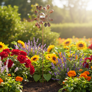 Moderne Große Eisen-Windmühle für den Garten, Magisches Metall-Blumen-Windspiel, Kinetisches Wind-Kunstwerk, Windspinner - Product Image 6