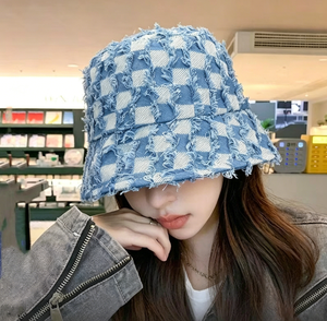 Chapeau Bob en Jean Vintage Personnalisé Effet Vieilli avec Franges et Bords Bruts, Motif Écossais <span class=keywords><strong>Dégradé</strong></span>, Protection UV Extérieure, Vente en Gros - Product Image 6