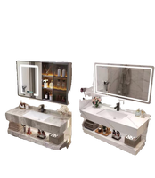 Meuble de salle de bain double couche brillant de type split avec vasque intégrée, coiffeuse murale intelligente avec miroir