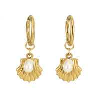Anting cangkang desain baru anting-anting baja tahan karat berlapis emas 18K liontin mutiara batu alam elegan