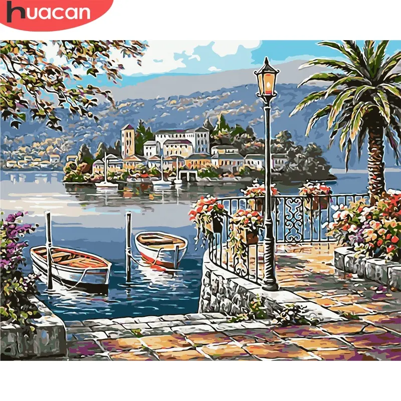 HUACAN DIY Frame Oil Painting By Numbers Boat Seaside Acrylic On Canvas House Wall Art Picture Landscape For Living Room