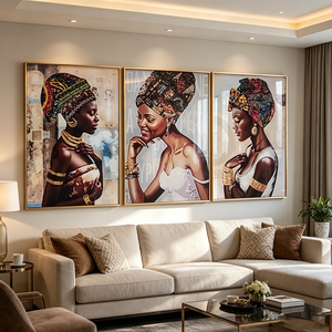 wholesale Custom Luxury Ethnic African Lady Wall Art 3 Panel Gold Jewelry Portrait Home Decor Crystal Porcelain <b>Painting</b> - Product Image 3