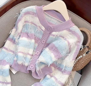 Suéter corto de manga larga a rayas estilo japonés suave modelos de otoño e invierno Top holgado estilo diario para mujer - Product Image 4