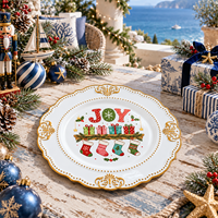 Assiette décorative en plastique de 13 pouces, imprimée UV, motif JOY, avec bordure dorée de luxe, pour la décoration de la salle à manger et du cheminée de Noël