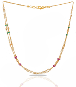 Collier Mala à double rang avec perles blanches, perles roses et vertes et accents dorés texturés pour femmes - Product Image 3