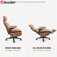 Fauteuil de Direction en Cuir Véritable avec Inclinaison Électrique, Recharge Intelligente, Massage Lombaire, Dossier Haut, Accoudoirs en Bois Massif