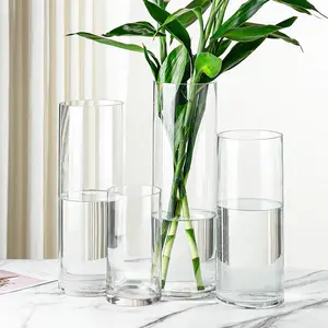 Dekorasi silinder tengah meja besar mewah bening transparan vas kaca untuk tanaman luar ruangan dalam ruangan