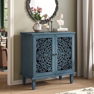 Vintage Hollow Carved Accent <b>Cabinet</b> 2 Door <b>Display</b> Storage <b>Sideboard</b> Symmetrical Floral Design Adjustable Shelf - Product Image 1