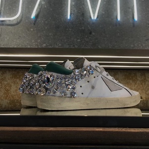 Luxury Vintage Distressed Rhinestone Embellished Star Unisex Leather Trainers Blue Heel <b>Cap</b> Low Top Lace Up Dirty Sneakers - Product Image 2