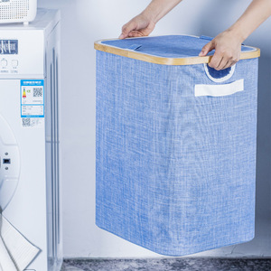 Bamboo <b>Laundry</b> Basket Rectangle Blue 41x33x52cm Foldable Canvas Clothing Organizer <b>Standing</b> Type - Product Image 3