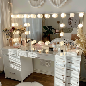 Table de maquillage blanche simple avec miroir LED intégré et plateau de rangement - Product Image 1