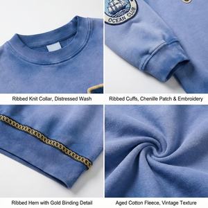 Sweat-shirt à col rond vintage bleu délavé pour homme, streetwear, fournisseur de premier plan, poids lourd, 100% coton, tissu éponge français, coupe ample - Product Image 2