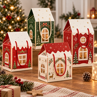Scatola di Cartone Pieghevole a Forma di Casa con Finestra, Manico in Corda Rossa, Decorazione Natalizia, Confezione Regalo Personalizzata Stampata