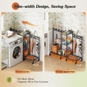 Portascopa con Organizzatore <span class=keywords><strong>per</strong></span> Prodotti <span class=keywords><strong>per</strong></span> la Pulizia, Armadio Portascopa con Cesto Portaoggetti, Carrello <span class=keywords><strong>per</strong></span> Pulizie - Product Image 4