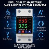Protecteur de surtension/sous-tension et de surintensité réglable à récupération automatique, monophasé, double affichage LED, 230V, 40/63/80/100A