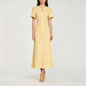 <strong>Women's</strong> <strong>Yellow</strong> Textured Knit Mixi <strong>Dress</strong> Short Sleeve Button-Front A-Line <strong>Dress</strong> Elegant Round <strong>Dresses</strong> for <strong>Women</strong> - Product Image 2