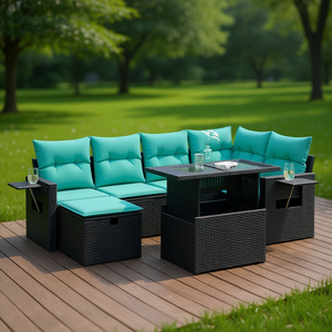 Juego de sofás de jardín de ratán sintético negro de 7 piezas con cojines, muebles de exterior para jardín, capacidad para 6 personas, estilo contemporáneo - Product Image 2