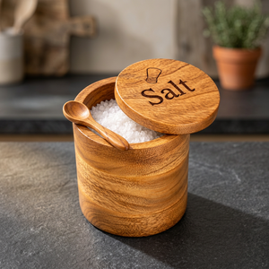 Pot à sel en bois artisanal de qualité supérieure avec couvercle pivotant, étanche, compatible lave-vaisselle, récipient de cuisine naturel pour chefs professionnels - Product Image 1