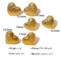 Boucles d'oreilles clous cœur en acier inoxydable plaqué or 18 carats pour femme, texturées, épaisses, dorées, vintage, romantiques, cadeau de fête, vente en gros, OEM