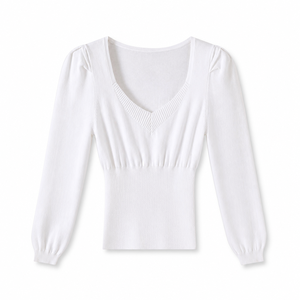 <span class=keywords><strong>Pull</strong></span> en tricot ajusté pour <span class=keywords><strong>femme</strong></span> en coton, col en V, élégant et travaillé, avec épaules bouffantes sculptées. Haut en tricot pour <span class=keywords><strong>femme</strong></span>. - Product Image 2