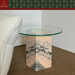 Mesa Auxiliar para Sala de Estar o Dormitorio GOLDKING, Base de Mármol Rosa Gris, Tapa Redonda de Vidrio, OEM ODM, Directo de Fábrica - Product Image 4