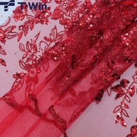 Tela de Brillo con Lentejuelas Personalizada T-win, Tela de Encaje con Lentejuelas Brillantes de Cristal Rojo, Bordado de Flores con Lentejuelas, Tul Bordado 3D
