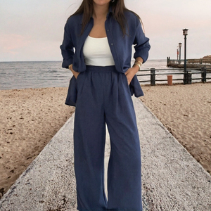 Nouvel ensemble deux pièces pour femme, style estival doux, pantalon ample et haut court, motif uni, longueur cheville, ODM, séchage rapide, lin/coton - Product Image 3
