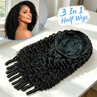 Perruque mi-tête sans colle en cheveux humains bouclés birmans de 30 pouces, style crépu bouclé 3-en-1, avec bonnet respirant et cordon de serrage, sans couture, à porter en deux sens