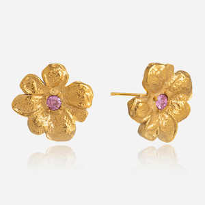 Floral <b>Titanium</b> Steel <b>Stud</b> Earrings With Purple Gem Bezel Setting For Women Gift Jewelry - Product Image 1