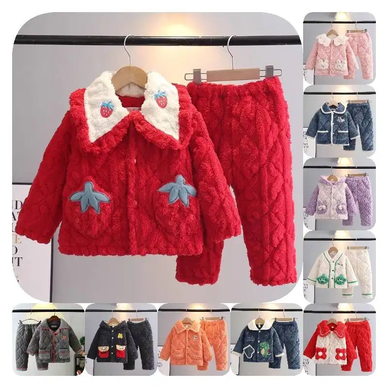 Baby Flannel Home Clothes Set Infant Children's Sleepwear Children's Pajamas Boys And Girls Thickened Coral Fleece Two-piece Set