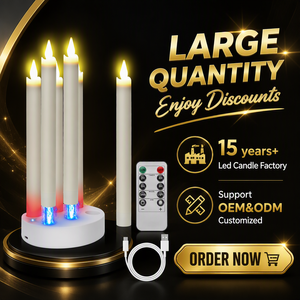 Prêt à expédier : Lot <span class=keywords><strong>de</strong></span> 6 bougies LED coniques à flamme vacillante 3D, rechargeables, avec télécommande et minuterie, et base <span class=keywords><strong>de</strong></span> charge, pour mariage - Product Image 1