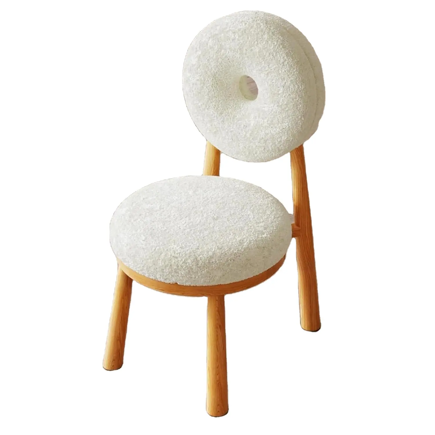 Modern Donut-shap Leisure Chair with Solid Wood Legs Home Round Frame Beige Fabric Seater Chair