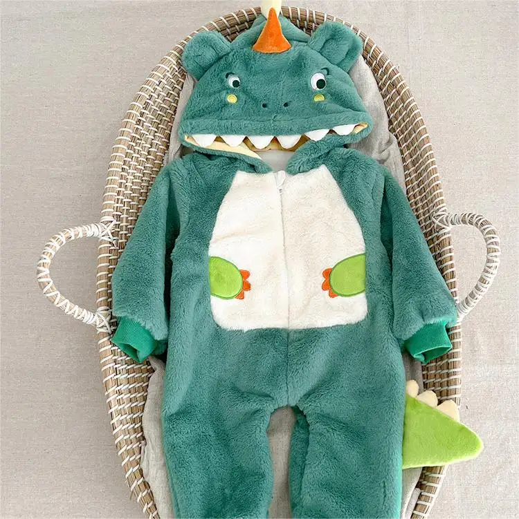 Pakaian musim dingin anak Romper musim dingin bayi dinosaurus pakaian merangkak kain mewah pakaian bayi Jumpsuit hangat bulu Onesie bayi