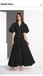 Estivo <span class=keywords><strong>elegante</strong></span> <span class=keywords><strong>tunica</strong></span> con scollo a V sottile per abito Midi plissettato a fascia per <span class=keywords><strong>donna</strong></span> Casual manica a lanterna stile impero abito in pizzo sostenibile - Product Image 6